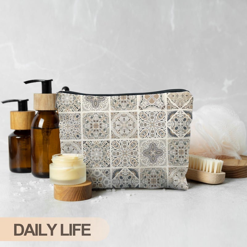 RYYCDOI Vintage Boho Mandala Floral Makeup Bag, Ethnic Moroccan and Mediterranean Tile Cosmetic Bags for Women, Mexican Gifts for Women, Traditional Block Print Zipper Makeup Pouch - Image 4